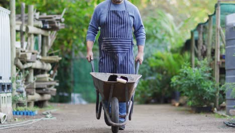 caucasian male gardener walking with wheelbarrow at garden center