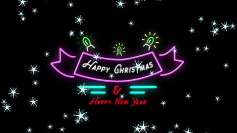 animated glowing stars fall over festive neon text for christmas and new year.