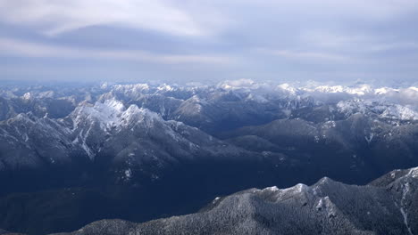 aerial shot of snow capped mountains on cloudy day