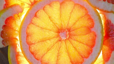 top view rotate of orange slice on white background, transparent slice of fresh grapefruit on white background, 4k resolution