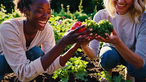 Two women gardening, captured from a low-angle in warm sunlight, showcasing teamwork and nature