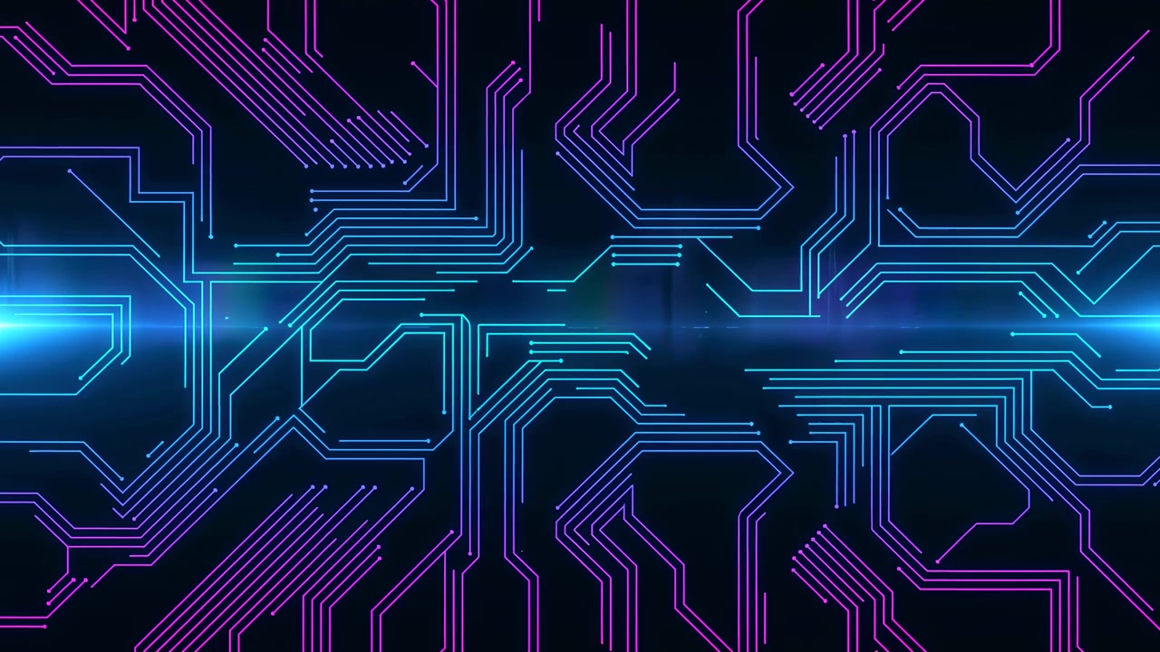 L'inquadratura centrale mostra uno sfondo di circuiti al neon con linee luminose che tracciano una rete digitale su uno sfondo blu scuro, evocando un'atmosfera futuristica e ad alta tecnologia.