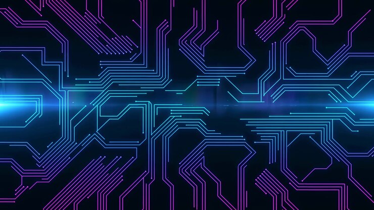 L'inquadratura centrale mostra uno sfondo di circuiti al neon con linee luminose che tracciano una rete digitale su uno sfondo blu scuro, evocando un'atmosfera futuristica e ad alta tecnologia.
