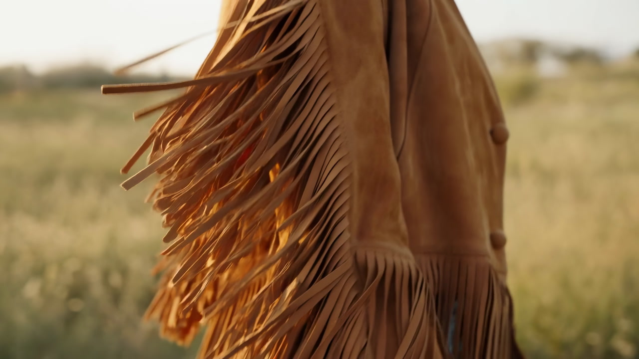 Sunlit Suede Fringe Jacket Swaying Across Windswept Meadow Closeup Detail Of Cascading Leather Fringe Catching