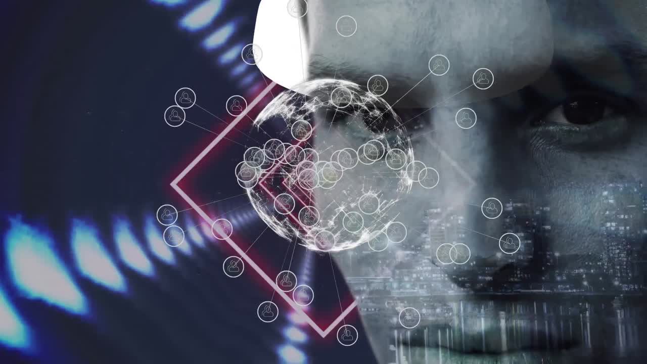 Animation of globe with network of connection over man's face