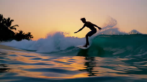 silhouette of a surfer riding a wave at sunset