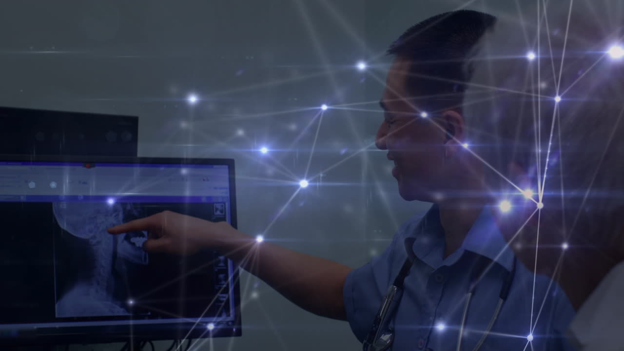 animación de la red de conexiones sobre mujer de negocios usando máscara facial en la oficina