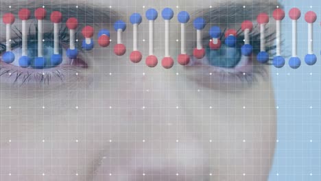 Animation-of-dna-strand-and-lines-over-eyes-of-caucasian-woman