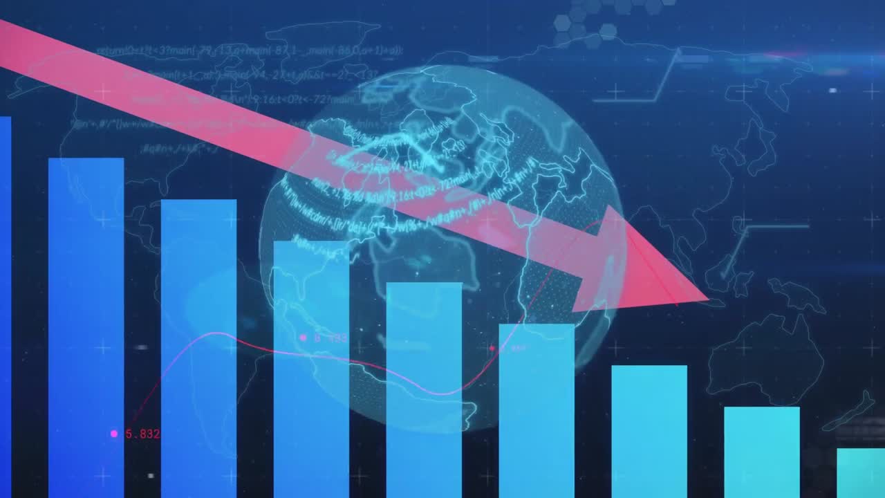 전 세계를 가로지르는  ⁇ 은 화살표와 함께 금융 데이터 처리의 애니메이션