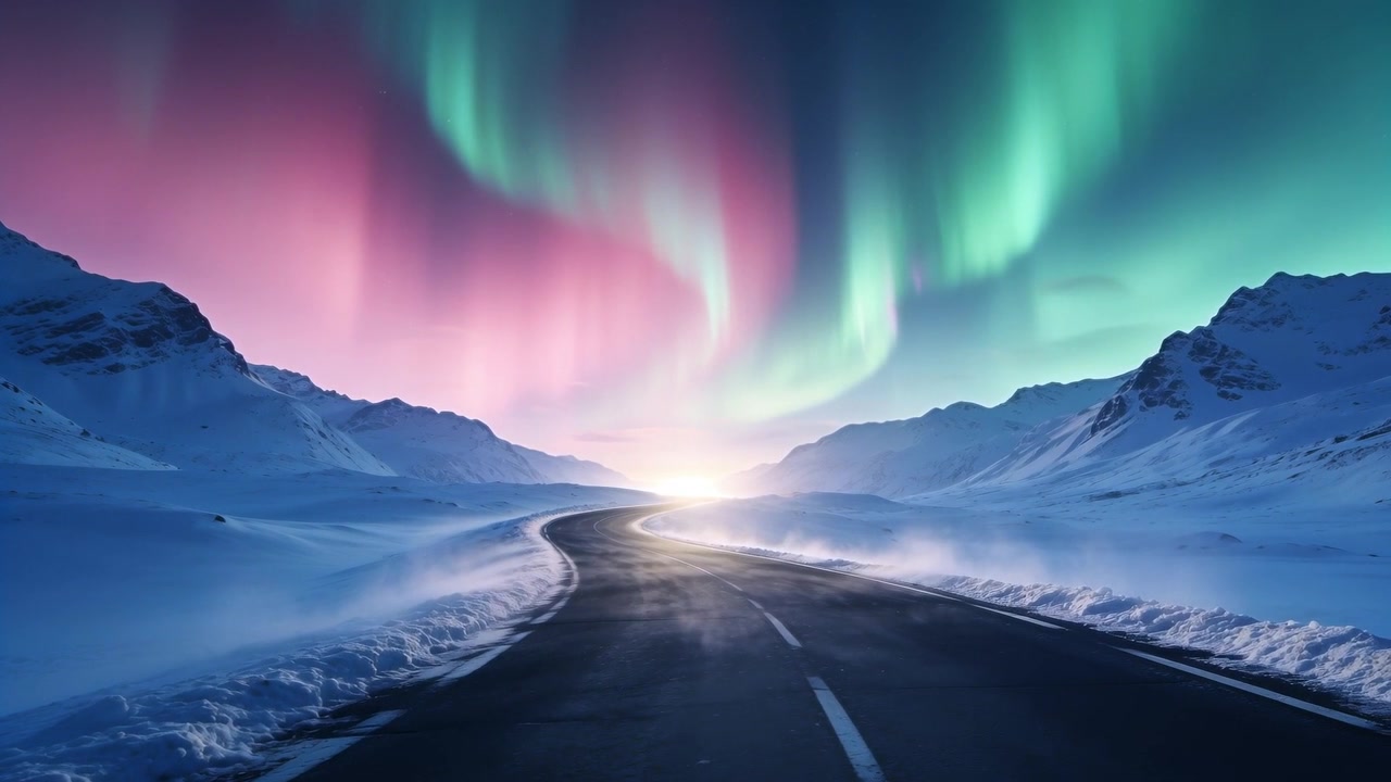 Telecamera che si muove lungo una strada a due corsie verso un bagliore luminoso nell'Artico mentre l'aurora si sposta, con cumuli di neve e nebbia