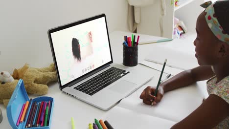 African-american-girl-having-a-video-call-on-laptop-while-doing-homework-at-home