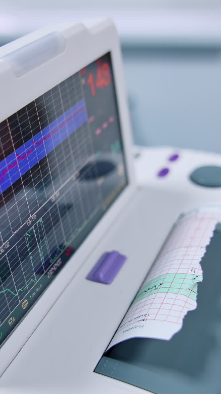 Modern medical equipment for electrocardiogram. Cardiac apparatus to conduct research, ECG and examination of the heart during pregnancy. Top view close up. Vertical video