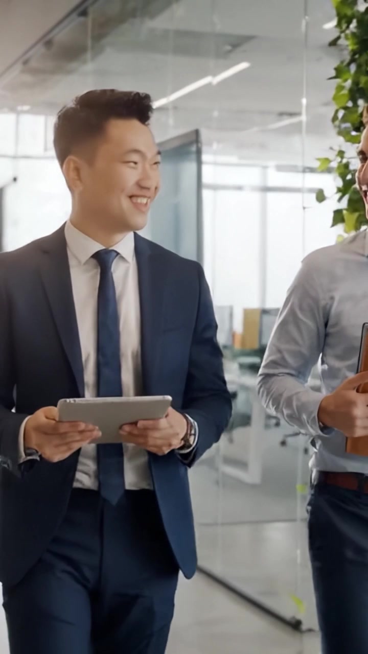 Kolaborasi tim yang menarik di lingkungan kantor modern: Para profesional memanfaatkan teknologi untuk diskusi produktif dan ide-ide inovatif