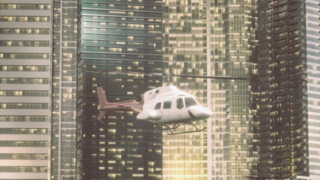 helicopter flying between skyscrapers in a vibrant urban setting