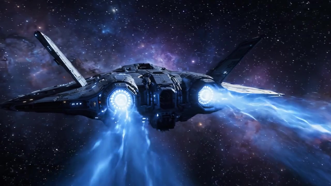 Futuristisches Raumschiff mit dynamischen Energiespuren, das durch eine lebendige Galaxie voller Sterne und kosmischer Elemente fliegt.