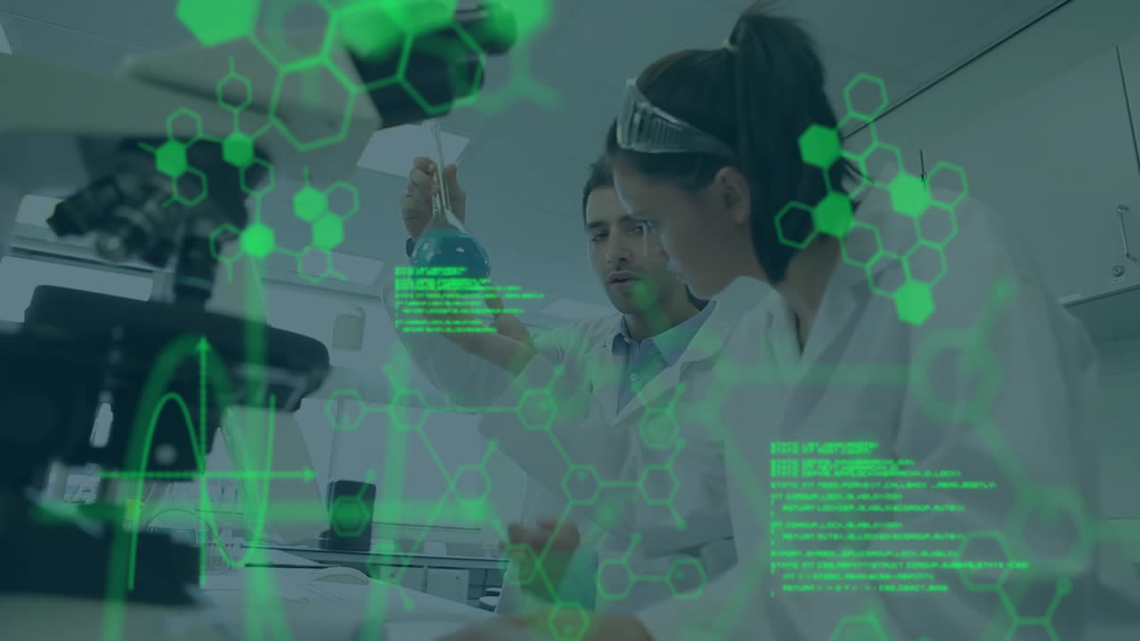실험실에서 일하는 다양한 과학자들에 대한 화학 공식과 데이터 처리의 애니메이션