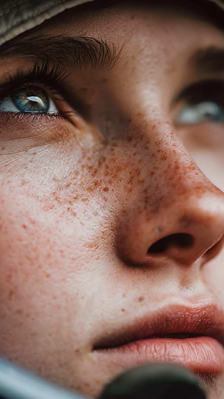 A Close-Up Portrait of a Young Woman with Freckles Wearing a Military Cap, Capturing the Intensity and Determination in Her Eyes and Expressions Against a Blurred Background