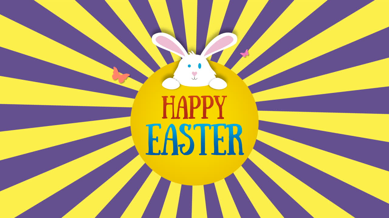 Primo piano animato con testo "Buona Pasqua" e coniglio su sfondo a effetto vertigine giallo e viola 1.