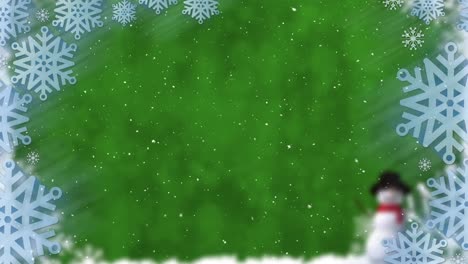 Animation-of-snow-falling-over-snowman-and-snowflakes-icons-against-green-background-with-copy-space