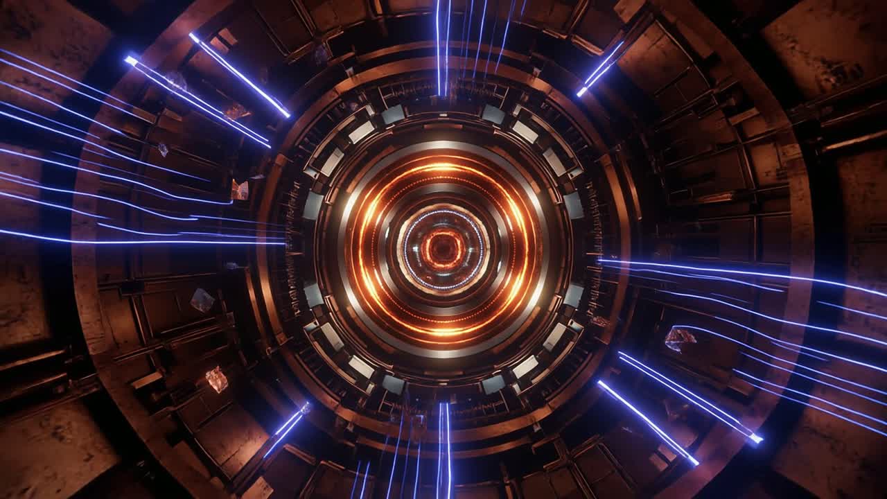 Tunnel futuristico astratto con nucleo luminoso e scie di luce blu