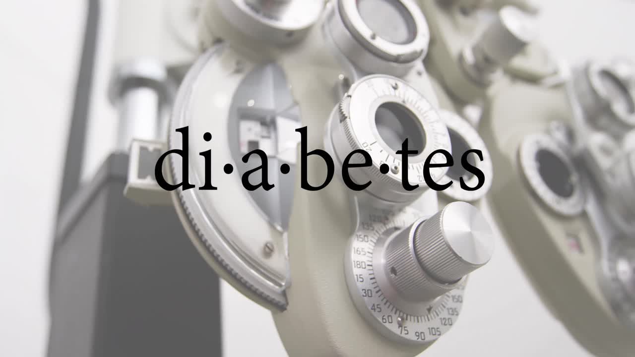 Animazione del testo "diabete" su quadranti di attrezzature mediche su sfondo bianco