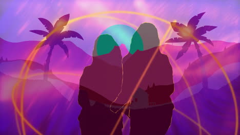 in animation, silhouettes of people with vibrant sunset and palm trees behind