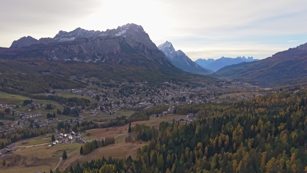 Aerial view of Cortina d'Ampezzo in the Dolomites during autumn, Italy