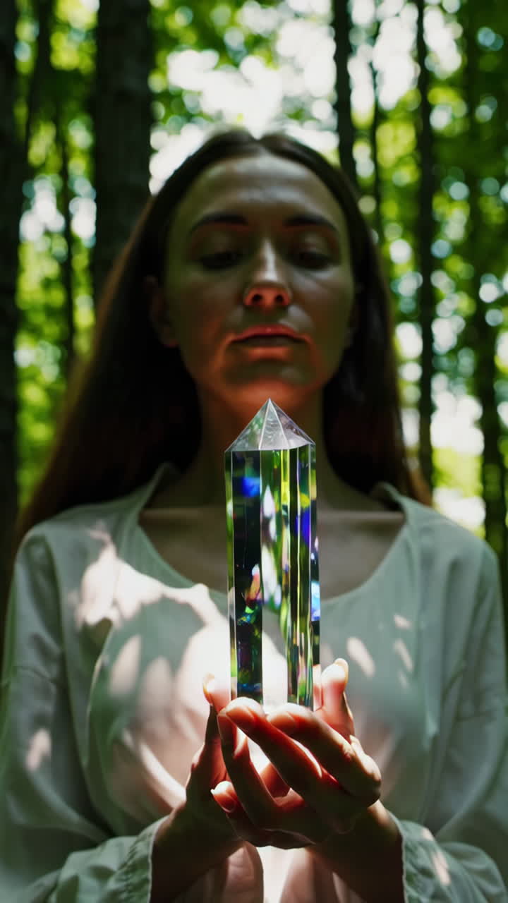 Woman Holding a Glowing Crystal Prism in a Forest