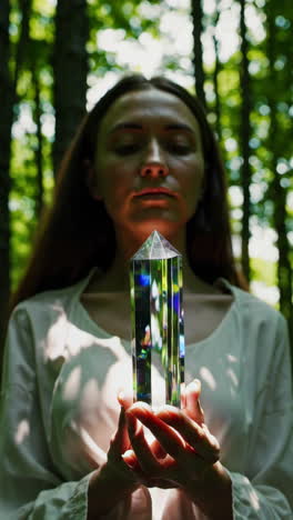 woman holding a glowing crystal prism in a forest