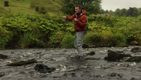 Hand-held-shot-of-a-fly-fisherman-casting-into-a-small-pool-within-a-fast-flowing-river