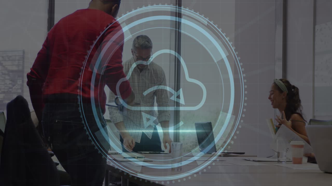 Animation of cyber security text and cloud icon over diverse colleagues sitting in conference room
