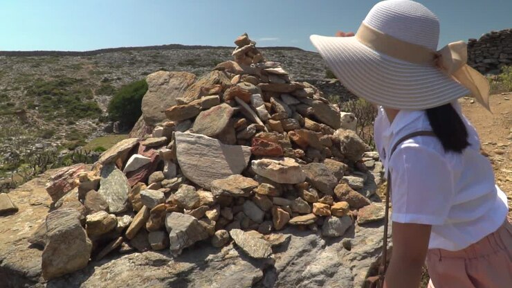 Donna in tenuta da trekking estivo che posiziona una pietra su un ometto (cairn), in un paesaggio arido.