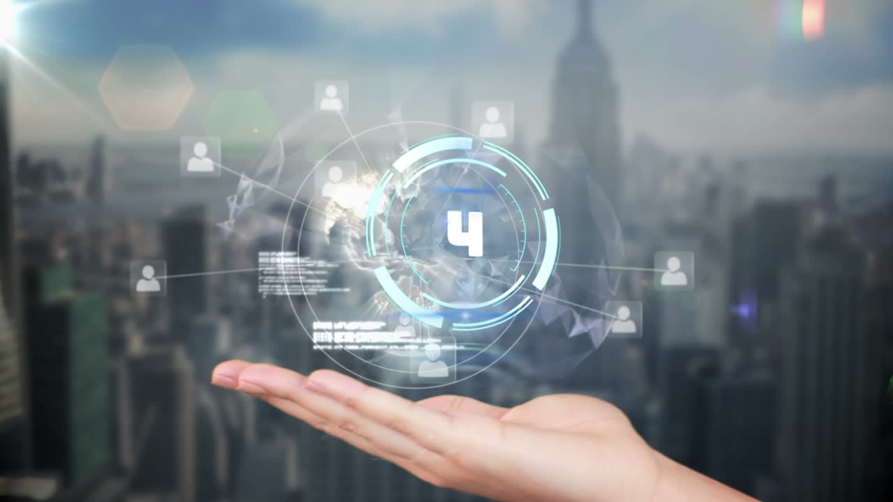 animación de escaneo de alcance con cuenta atrás y red de conexiones sobre la mano y el paisaje urbano