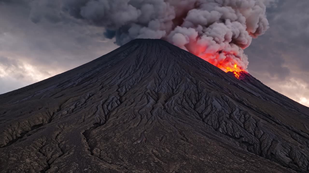 Inquadratura drammatica dal basso di un vulcano in eruzione con fumo scuro e lava
