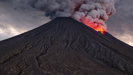 Dramatic low-angle shot of an erupting volcano with dark smoke and lava