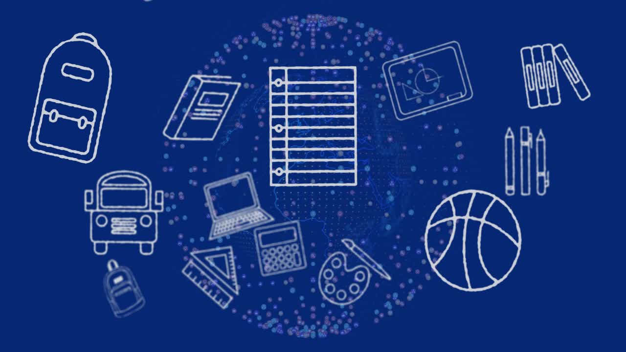 Beim Abspielen: zentrale gepunktete Kugel rotiert, Schul-Icons kreisen und schweben ein, was Lernen darstellt.