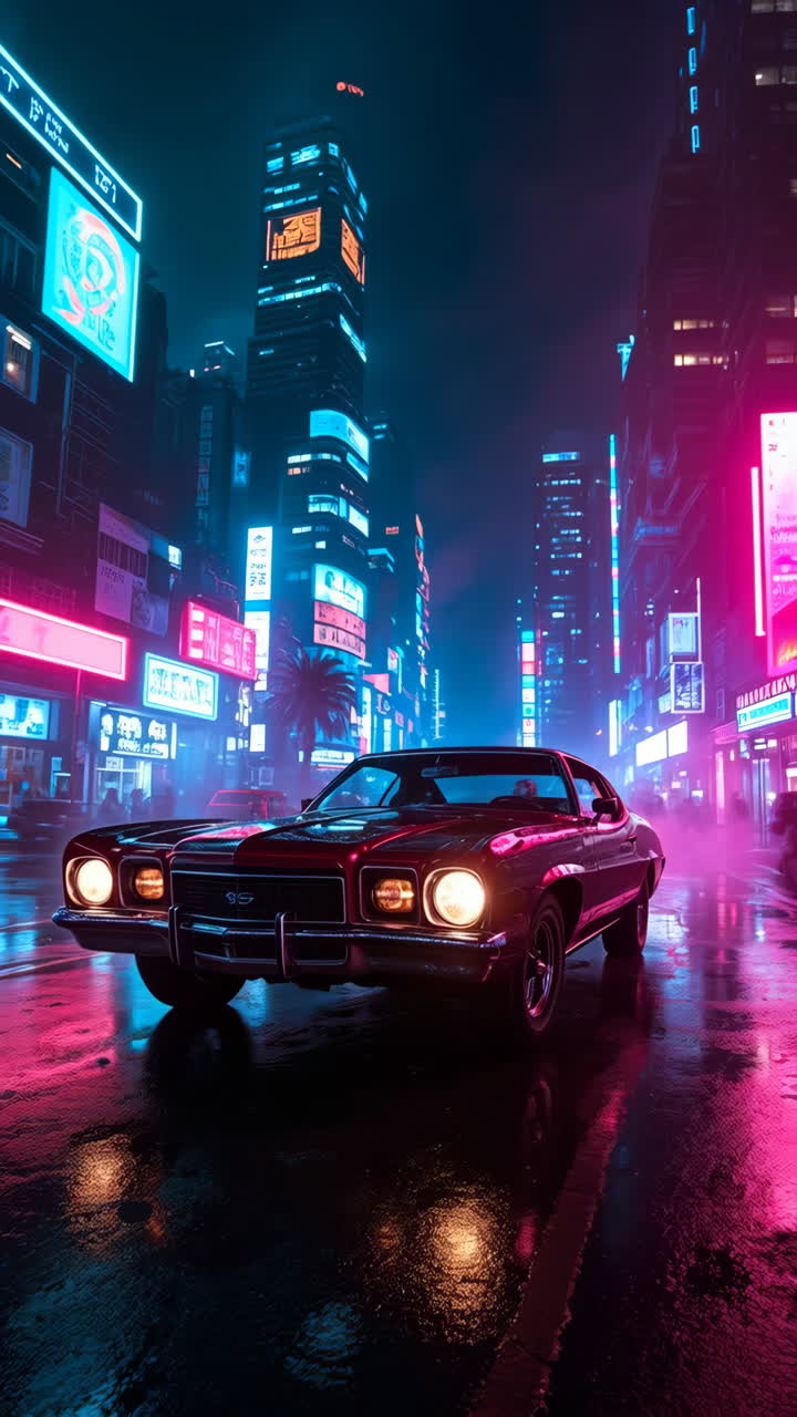 Guida notturna al neon: auto classica in una città cyberpunk