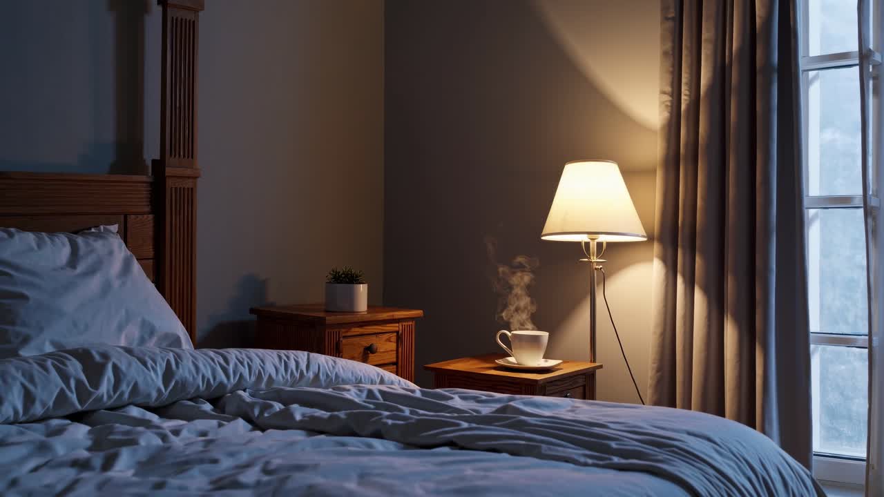 Escena de un dormitorio acogedor con el cálido resplandor de una lámpara, vista desde un ángulo bajo.