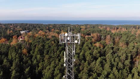 circling above telecommunication tower with cellular antennas on forest and sea background