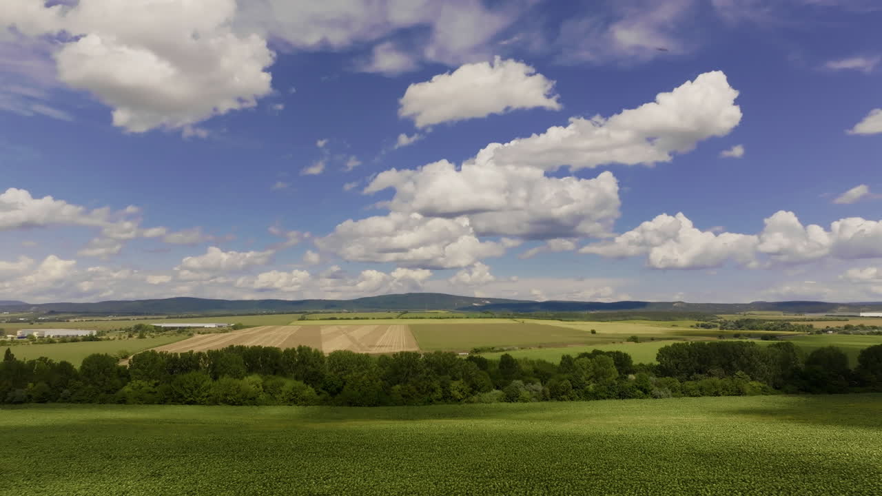 hermoso campo verde bajo un cielo azul con nubes blancas