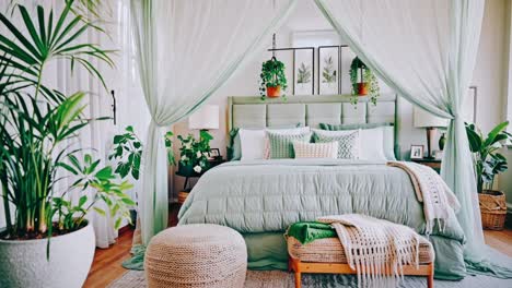 elegant green bedroom with canopy and plants
