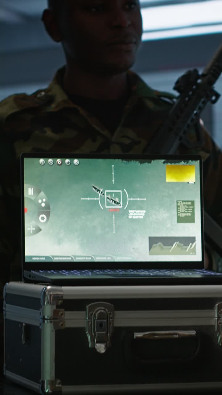 Vertical video Army professional using notebook to gain intel helping troops