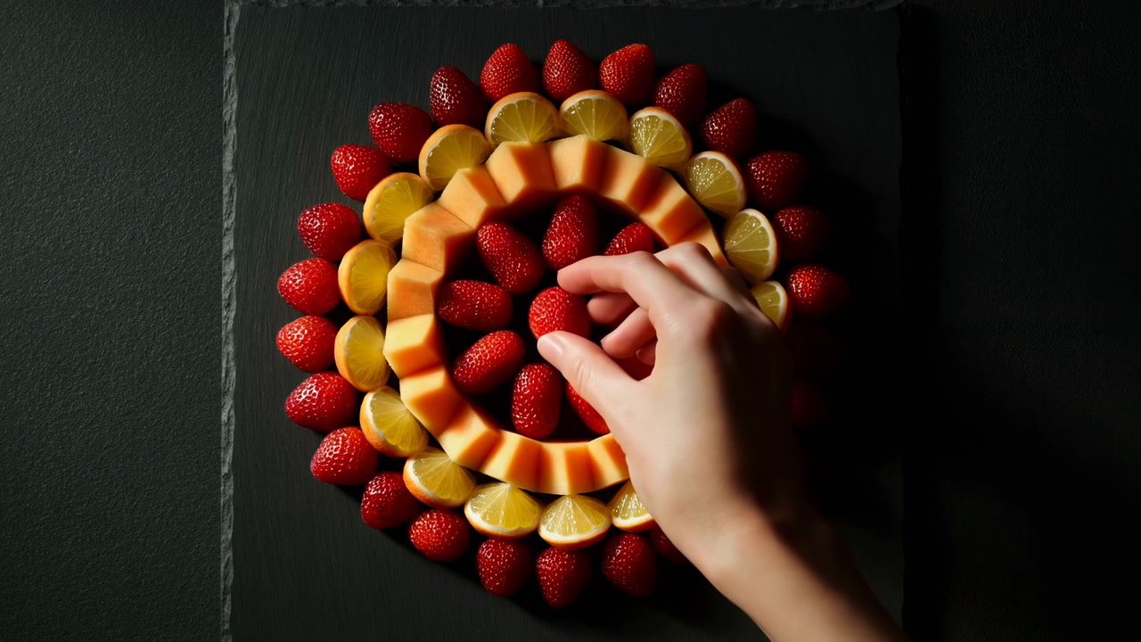 Draufsicht auf eine Hand, die Erdbeeren, Orangenscheiben und Melonenstücke in einem ordentlichen Kreis auf einem dunklen strukturierten Tisch unter weichem natürlichem Licht anordnet.