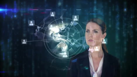 animation of network of connections with icons over caucasian businesswoman and globe