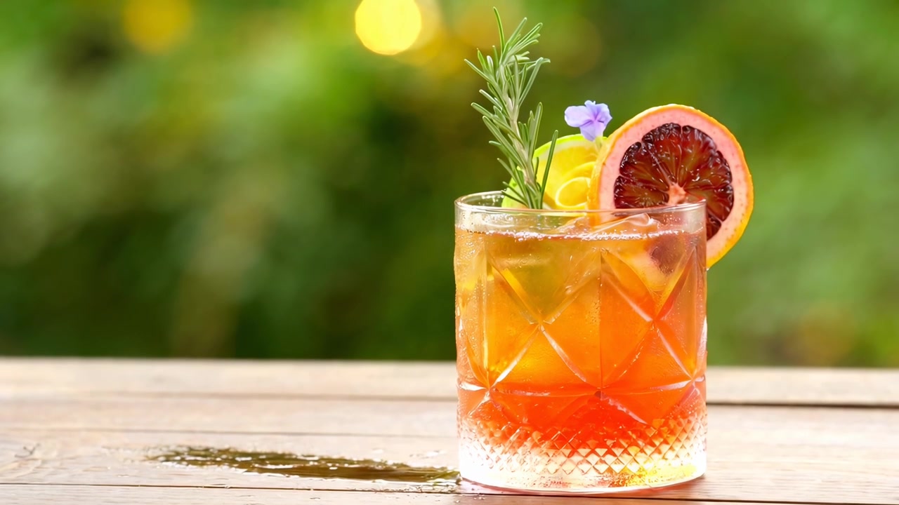 Cocktail rinfrescante all'arancia con arancia rossa e guarnizione di rosmarino