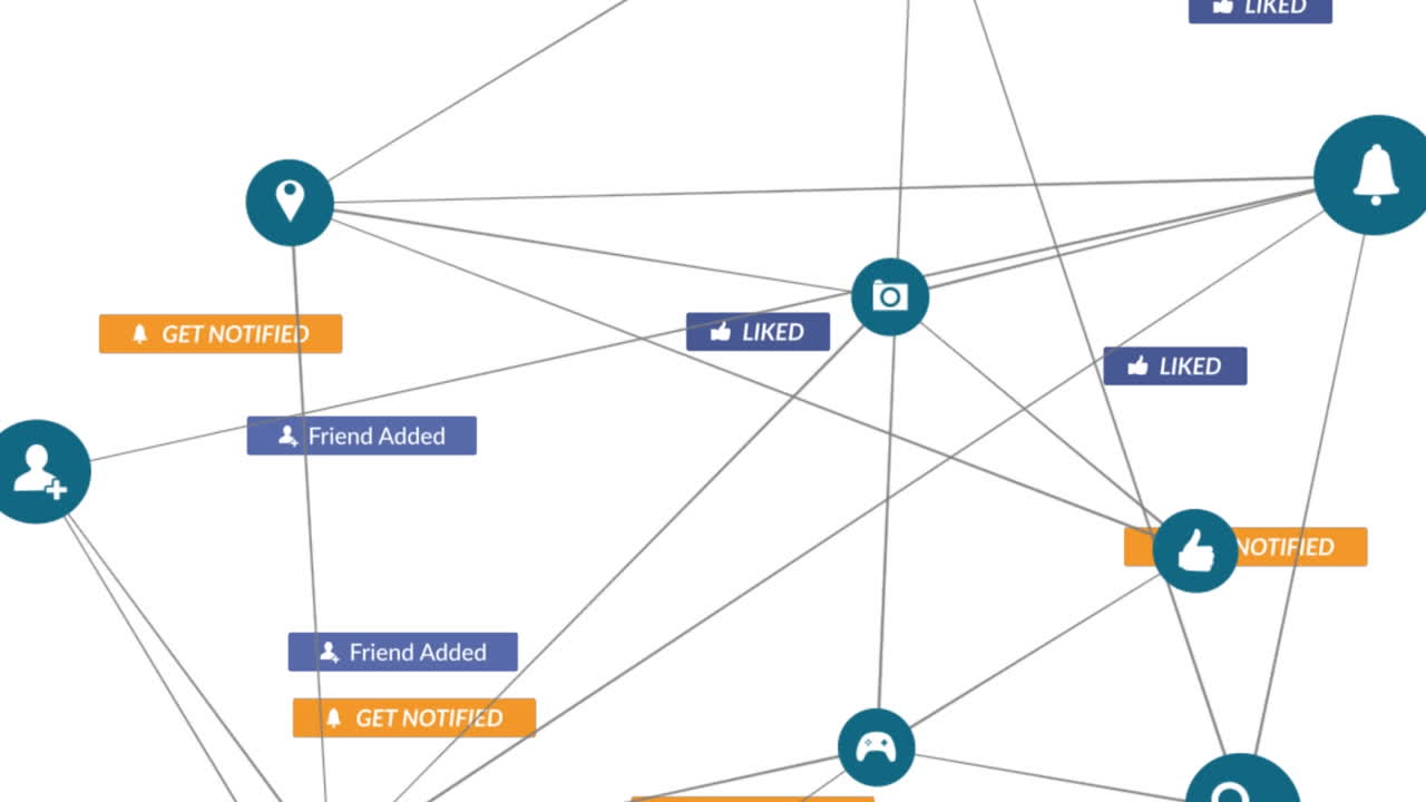 animación de los iconos de las redes sociales que caen sobre la red de conexiones