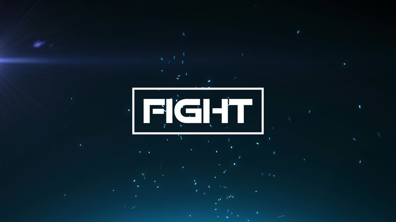 Animation af 'fight'-tekst i en rektangel over prikker og linseflimmer mod sort baggrund
