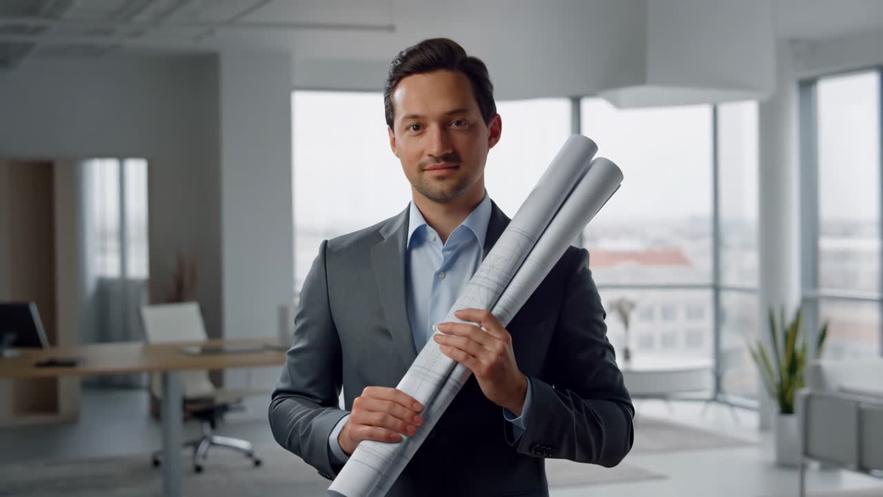 Architect Holding Blueprints in Office