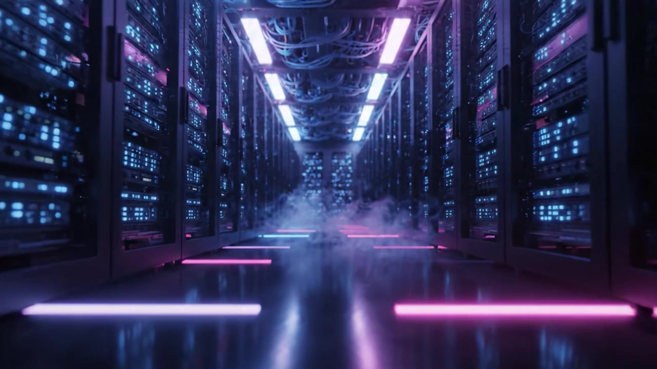 A Stunning Visual of a Server Room Filled with High-Tech Equipment, Illuminated with Neon Lights, Creating a Mystical Atmosphere of Data Processing and Network Connectivity.