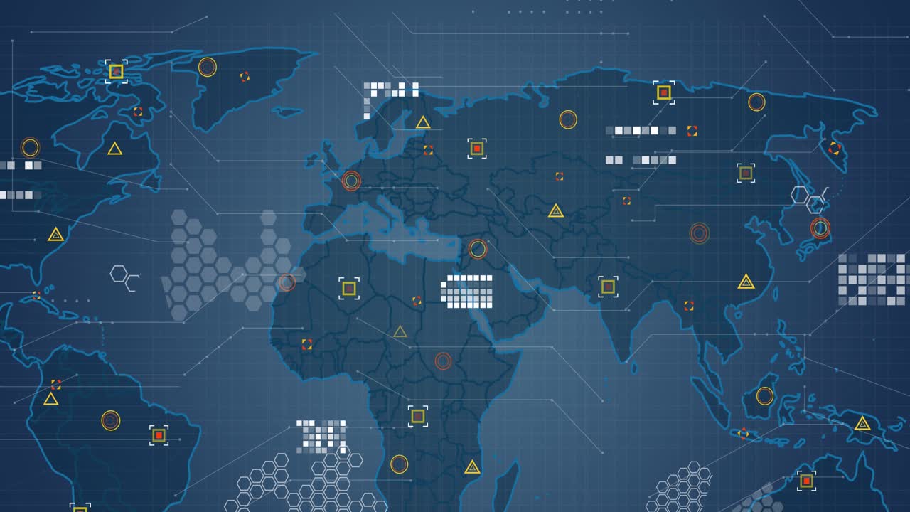 Animation of data processing over world map against blue background